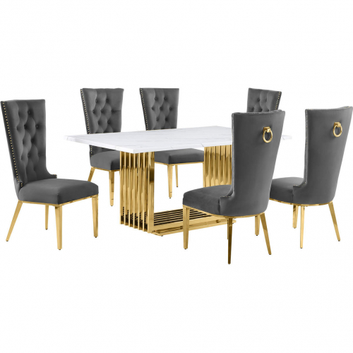 D311 7 Piece Dining Set in White Marble, Gold Stainless Steel & Dark Gray Velvet