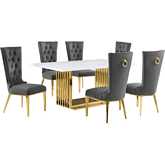 D311 7 Piece Dining Set in White Marble, Gold Stainless Steel & Dark Gray Velvet