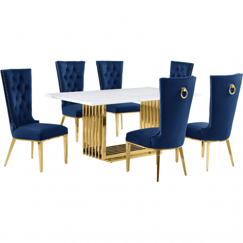 D311 7 Piece Dining Set in White Marble, Gold Stainless Steel & Navy Blue Velvet