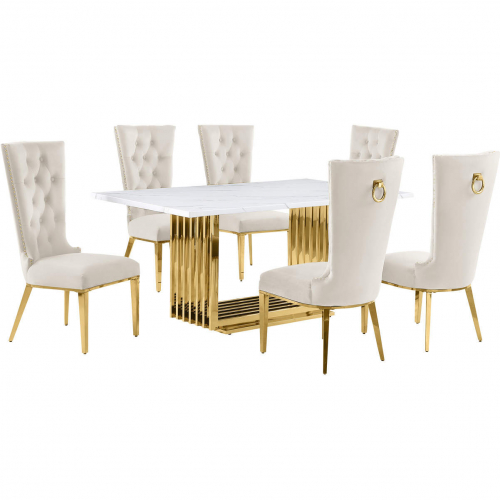 D311 7 Piece Dining Set in White Marble, Gold Stainless Steel & Cream Velvet