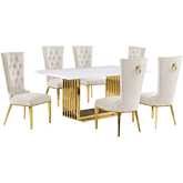 D311 7 Piece Dining Set in White Marble, Gold Stainless Steel & Cream Velvet