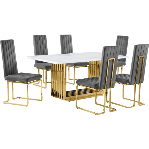 D311 7 Piece Dining Set in White Marble, Gold Stainless Steel & Dark Gray Velvet