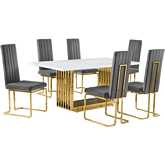 D311 7 Piece Dining Set in White Marble, Gold Stainless Steel & Dark Gray Velvet