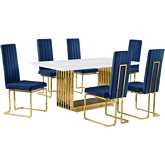 D311 7 Piece Dining Set in White Marble, Gold Stainless Steel & Navy Blue Velvet
