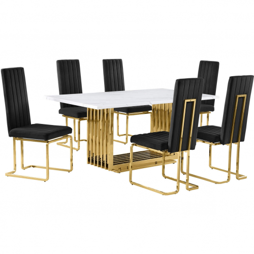 D311 7 Piece Dining Set in White Marble, Gold Stainless Steel & Black Velvet