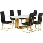 D311 7 Piece Dining Set in White Marble, Gold Stainless Steel & Black Velvet