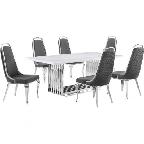 D312 7 Piece Dining Set in White Marble, Polished Stainless Steel & Dark Gray Velvet