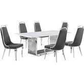 D312 7 Piece Dining Set in White Marble, Polished Stainless Steel & Dark Gray Velvet