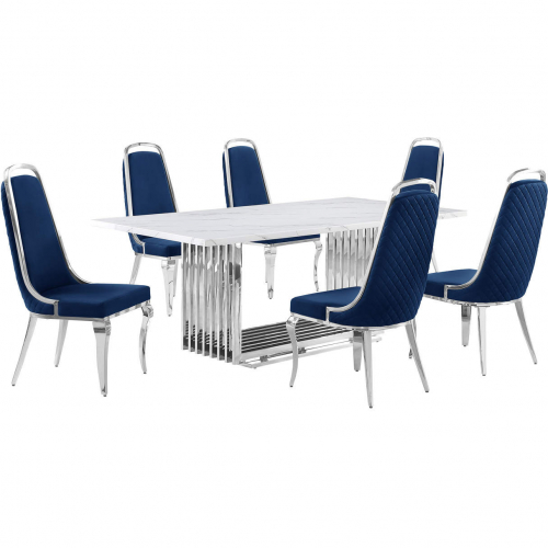 D312 7 Piece Dining Set in White Marble, Polished Stainless Steel & Navy Blue Velvet