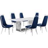 D312 7 Piece Dining Set in White Marble, Polished Stainless Steel & Navy Blue Velvet