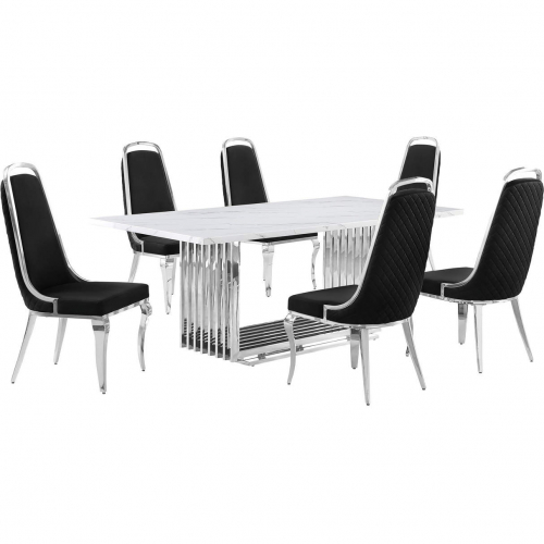 D312 7 Piece Dining Set in White Marble, Polished Stainless Steel & Black Velvet