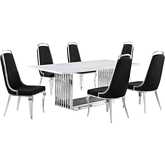 D312 7 Piece Dining Set in White Marble, Polished Stainless Steel & Black Velvet