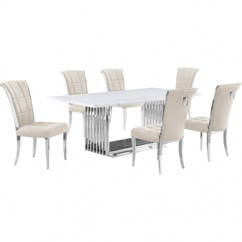 D312 7 Piece Dining Set in White Marble, Polished Stainless Steel & Cream Velvet