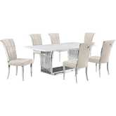D312 7 Piece Dining Set in White Marble, Polished Stainless Steel & Cream Velvet
