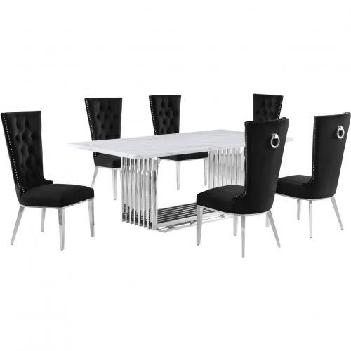 D312 7 Piece Dining Set in White Marble, Polished Stainless Steel & Black Velvet