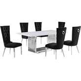 D312 7 Piece Dining Set in White Marble, Polished Stainless Steel & Black Velvet