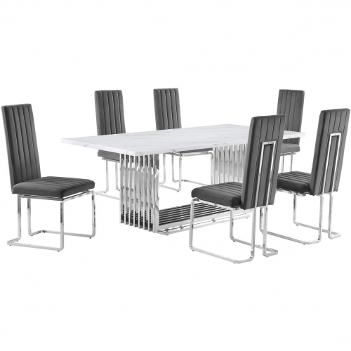 D312 7 Piece Dining Set in White Marble, Polished Stainless Steel & Dark Gray Velvet