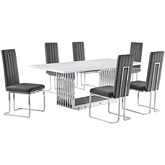D312 7 Piece Dining Set in White Marble, Polished Stainless Steel & Dark Gray Velvet