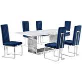 D312 7 Piece Dining Set in White Marble, Polished Stainless Steel & Navy Blue Velvet
