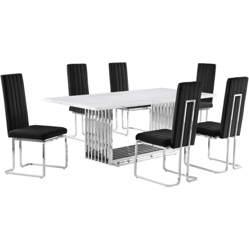 D312 7 Piece Dining Set in White Marble, Polished Stainless Steel & Black Velvet