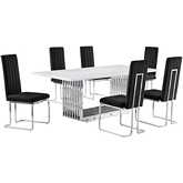 D312 7 Piece Dining Set in White Marble, Polished Stainless Steel & Black Velvet