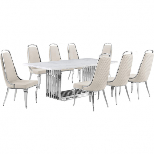 D312 9 Piece Dining Set in White Marble, Polished Stainless Steel & Cream Velvet