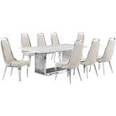 D312 9 Piece Dining Set in White Marble, Polished Stainless Steel & Cream Velvet