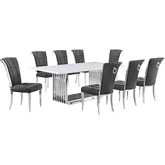 D312 9 Piece Dining Set in White Marble, Polished Stainless Steel & Dark Gray Velvet