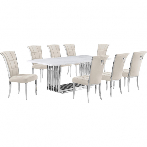 D312 9 Piece Dining Set in White Marble, Polished Stainless Steel & Cream Velvet