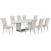 D312 9 Piece Dining Set in White Marble, Polished Stainless Steel & Cream Velvet