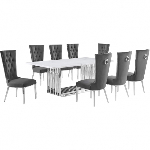 D312 9 Piece Dining Set in White Marble, Polished Stainless Steel & Dark Gray Velvet