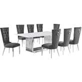 D312 9 Piece Dining Set in White Marble, Polished Stainless Steel & Dark Gray Velvet