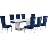 D312 9 Piece Dining Set in White Marble, Polished Stainless Steel & Navy Blue Velvet