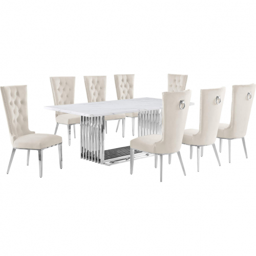 D312 9 Piece Dining Set in White Marble, Polished Stainless Steel & Cream Velvet