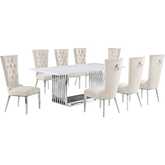 D312 9 Piece Dining Set in White Marble, Polished Stainless Steel & Cream Velvet