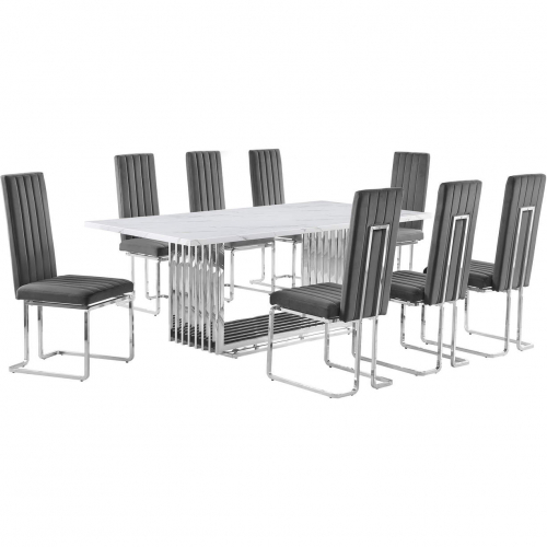 D312 9 Piece Dining Set in White Marble, Polished Stainless Steel & Dark Gray Velvet