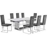 D312 9 Piece Dining Set in White Marble, Polished Stainless Steel & Dark Gray Velvet