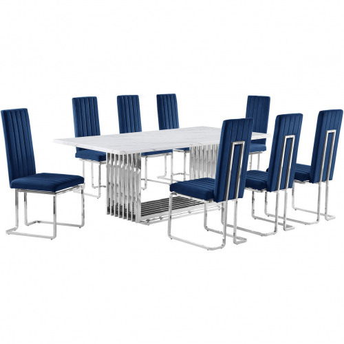 D312 9 Piece Dining Set in White Marble, Polished Stainless Steel & Navy Blue Velvet