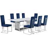 D312 9 Piece Dining Set in White Marble, Polished Stainless Steel & Navy Blue Velvet