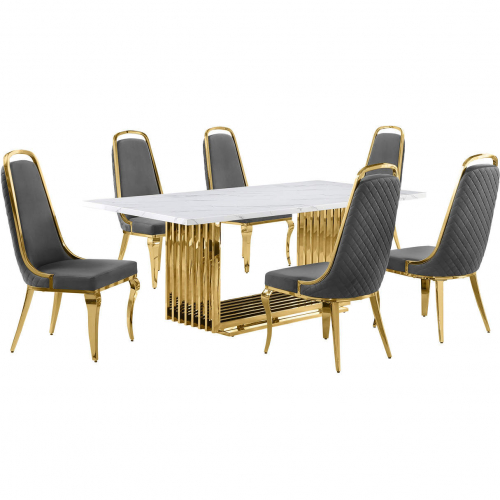 D313 7 Piece Dining Set in White Marble, Gold Stainless Steel & Dark Gray Velvet