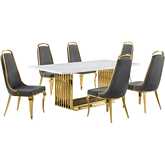 D313 7 Piece Dining Set in White Marble, Gold Stainless Steel & Dark Gray Velvet