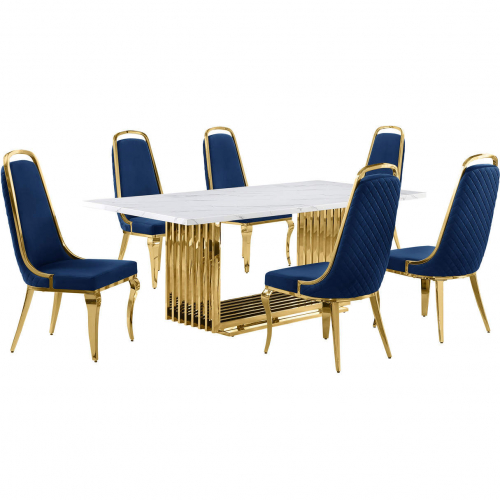 D313 7 Piece Dining Set in White Marble, Gold Stainless Steel & Navy Blue Velvet