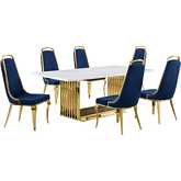 D313 7 Piece Dining Set in White Marble, Gold Stainless Steel & Navy Blue Velvet