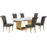 D313 7 Piece Dining Set in White Marble, Gold Stainless Steel & Dark Gray Velvet