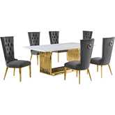 D313 7 Piece Dining Set in White Marble, Gold Stainless Steel & Dark Gray Velvet