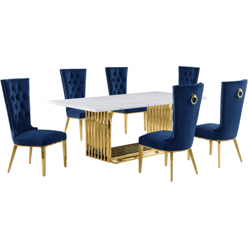 D313 7 Piece Dining Set in White Marble, Gold Stainless Steel & Navy Blue Velvet