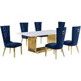D313 7 Piece Dining Set in White Marble, Gold Stainless Steel & Navy Blue Velvet