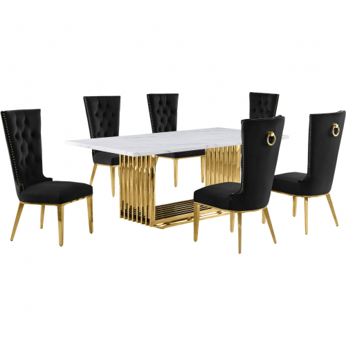 D313 7 Piece Dining Set in White Marble, Gold Stainless Steel & Black Velvet