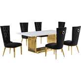 D313 7 Piece Dining Set in White Marble, Gold Stainless Steel & Black Velvet