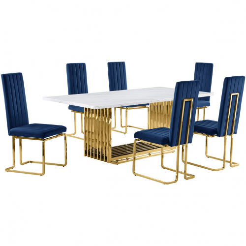D313 7 Piece Dining Set in White Marble, Gold Stainless Steel & Navy Blue Velvet